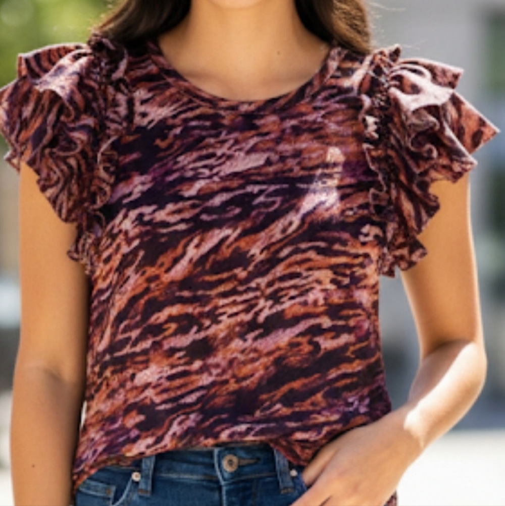Stella & Ginger Brown and Black Ruffled Short Sleeve‎ Blouse Size PS NWT